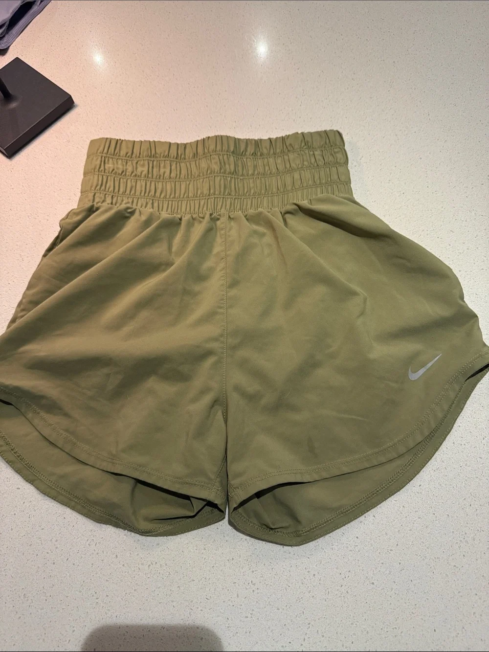 Nike Women's Olive Green Smocked-Waist Athletic Shorts
